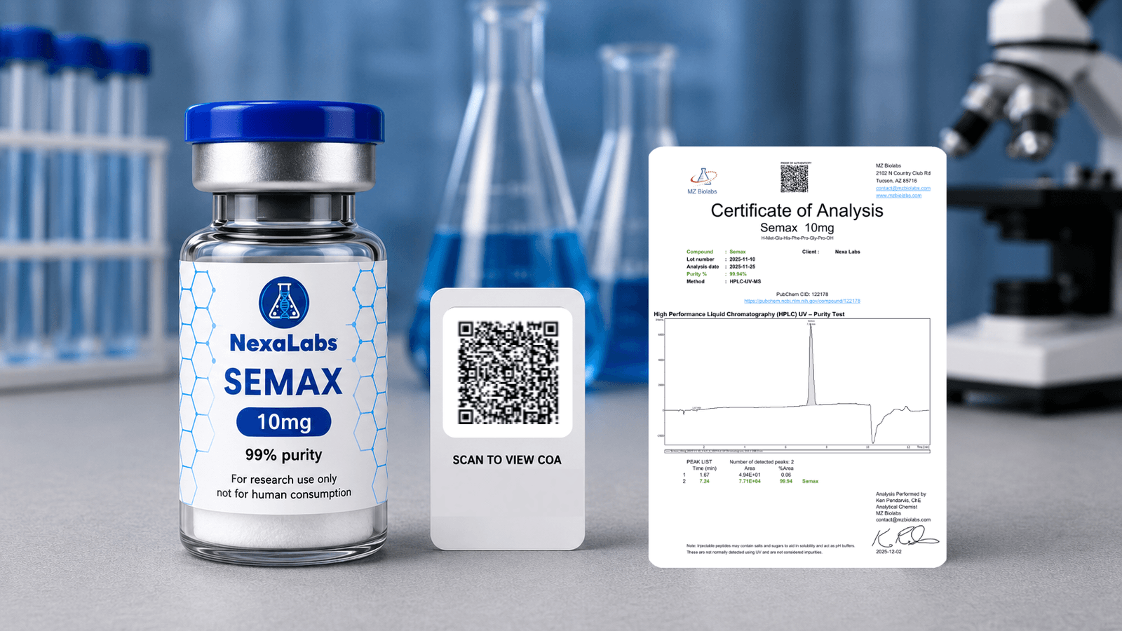 NexaLabs Semax vial with Certificate of Analysis