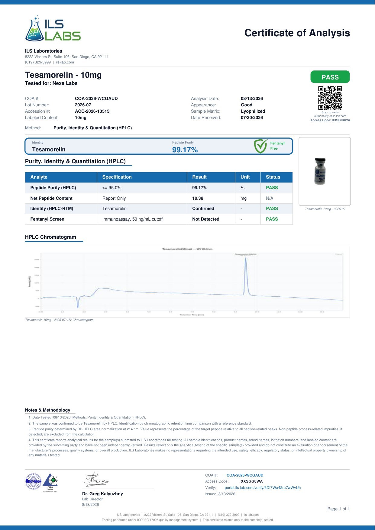 Tesamorelin 10mg — Certificate of Analysis
